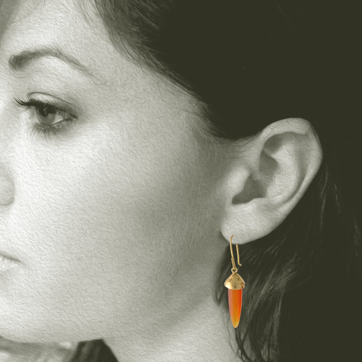 Earrings by Susan Crow Studio, Soft drop Peruvian Opals with hand made recycled 18kt yellow gold ear wires, one of a kind. 1" long. Shown on model.
