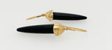 Earrings by Susan Crow Studio, Bullet shaped genuine Black Jet Gemstones in a hand carved and cast recycled 14kt yellow gold drop earrings, one of a kind. 1" long.