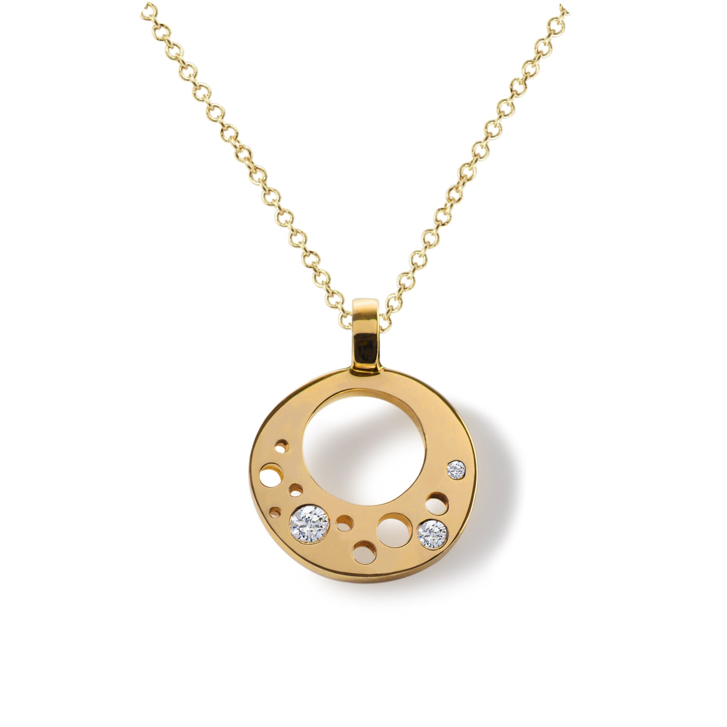 1" round pendant with small holes as the design. In some holes there are small diamonds flush set. Made of 14kt rose gold, and it is on an 18" yellow gold chain