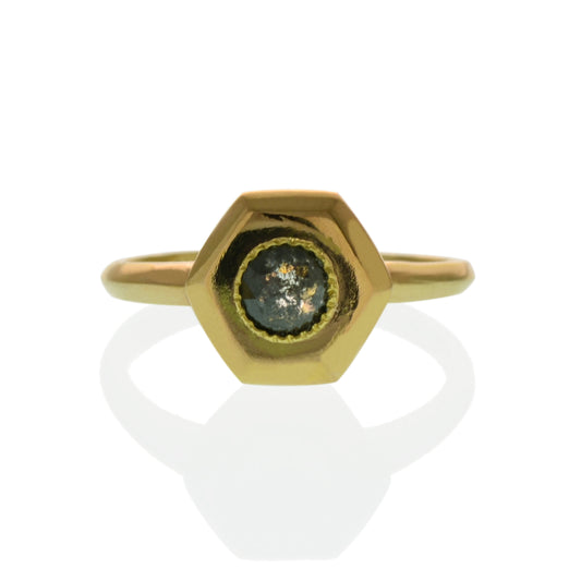 Original designed ring by Susan Crow for East Fourth Street Jewelry. 14kt recycled yellow gold with round salt and pepper diamond.
