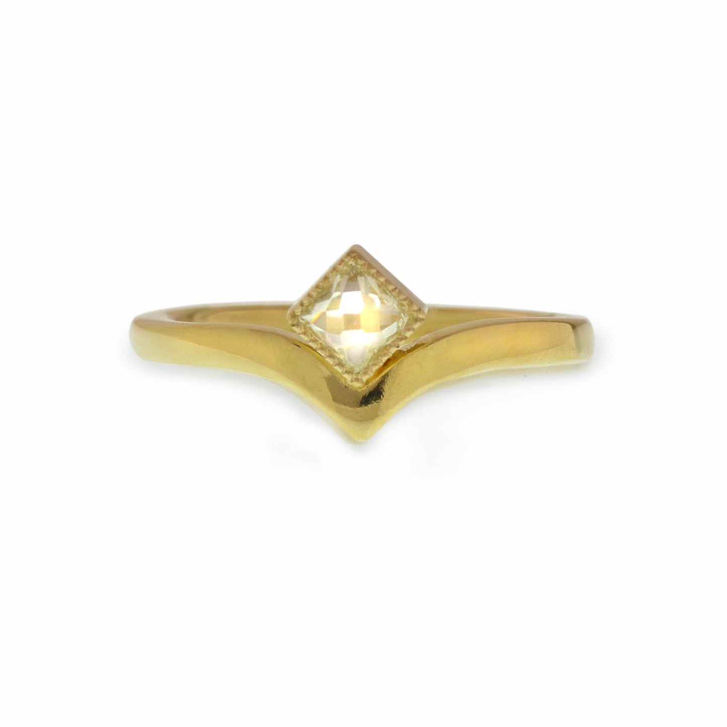 Lily Victory Engagement Ring, 32ct square 'Rose-Nouveau' diamond that was re-cut from a reclaimed antique diamond, similar to a rose-cut diamond
º Hand carved and cast in 18kt yellow Fairmined Gold
º Soft cashmere brushed finish
º Available in size 6.5.