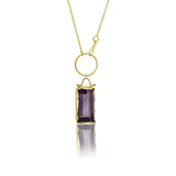 Susan Crow Studio Emerald cut Amethyst set in 14kt yellow gold. Lariat style in a 22" drop pendant. Hand made by designer.