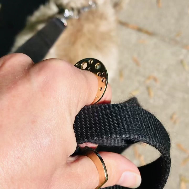 Movie of a hand wearing Circle Shaped Flat Ring º Unusually comfortable worn as a thumb ring or on your middle finger  º Hand-carved and cast in 14kt recycled gold.   º 3 flush set aquamarines  º Comfortable inside fit  º Cashmere finish.  º Available to ship in a size 7. 