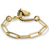 Inspired by the ancient Greek Medici horse head from the 4th century BC. Ourelongated link bracelet is fabricated, hand carved and cast in solid 18kt Fairmined yellow gold.

Individually hand shaped links are elevated by their gold weight – coming together with our one-of-a-kind Horse clasp.

Small, fits wrists up to 6.25" in circumference. If you require a medium, please contact the studio for sizing and pricing.

Designed and made by Susan Crow.