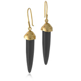 Earrings by Susan Crow Studio, Bullet shaped genuine Black Jet Gemstones  in a hand carved and cast recycled 14kt yellow gold drop earrings, one of a kind. 1" long.