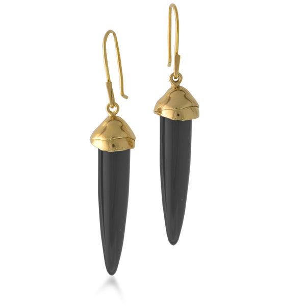 Earrings by Susan Crow Studio, Bullet shaped genuine Black Jet Gemstones  in a hand carved and cast recycled 14kt yellow gold drop earrings, one of a kind. 1