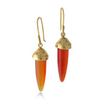 Earrings by Susan Crow Studio, Bullet shaped carnelians in a hand carved and cast recycled 14kt yellow gold drop earrings, one of a kind. 1" long.
