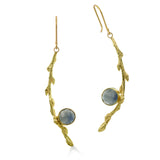 Milky-blue rose cut 6.5mm round responsibly sourced sapphires are bezel set in our Recycled 18kt gold Branch earrings with 18kt yellow gold french style ear wire. 2" long