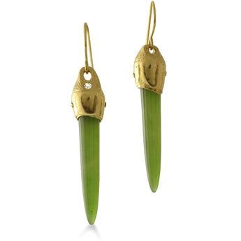 Earrings designed and made by Susan Crow Studio, Arizona Nephrite cone shaped gemstones are set in our hand carved and cast in recycled 18kt yellow gold earrings, one of a kind. 