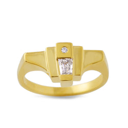 Our Helen Ring is crafted out of 18kt Fairmined gold and pre-consumer vintage white diamonds. As a member of our Odyssey Collection it definitely has a hint of historical design with a modern spin.   FEATURES:  º Hand carved and cast in 18kt certified Fairmined Gold.  º Comfortable fit   º Soft cashmere finish