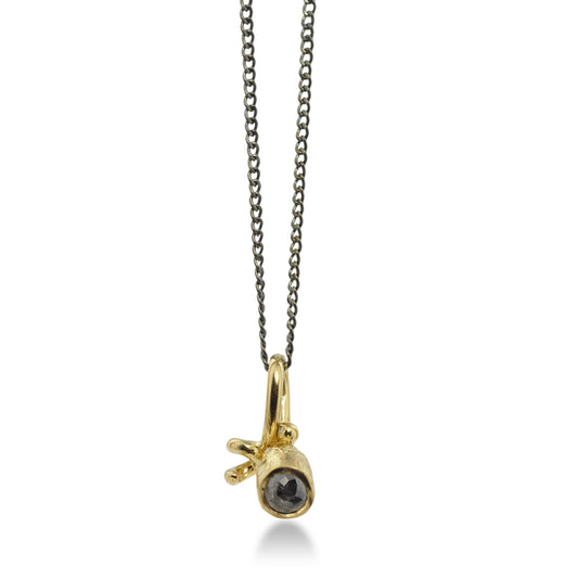 14kt Fairmined yellow gold Pod Pendant with a 4mm round salt and pepper diamond. 18" oxidized sterling silver chain