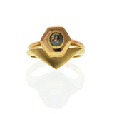 Original designed ring by Susan Crow for East Fourth Street Jewelry. 14kt recycled yellow gold with round salt and pepper diamond. 