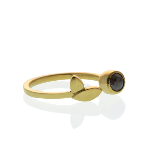 14kt yellow gold  Open Flora Leaf ring has a bezel set 4mm black diamond. soft brushed finish.