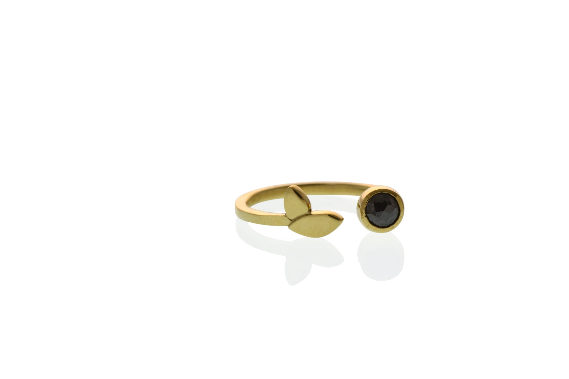 14kt yellow gold  Open Flora Leaf ring has a bezel set 4mm black diamond. soft brushed finish. Front View