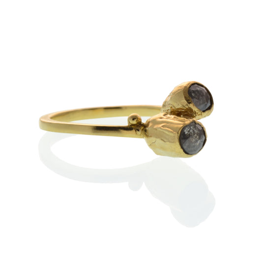 Our Double Pod  Diamond Ring. Hand carved and cast in recycled 14kt yellow gold. Set with 2 rose cut black diamonds.   Soft cashmere brushed finish.   Available to ship in a size 7.
