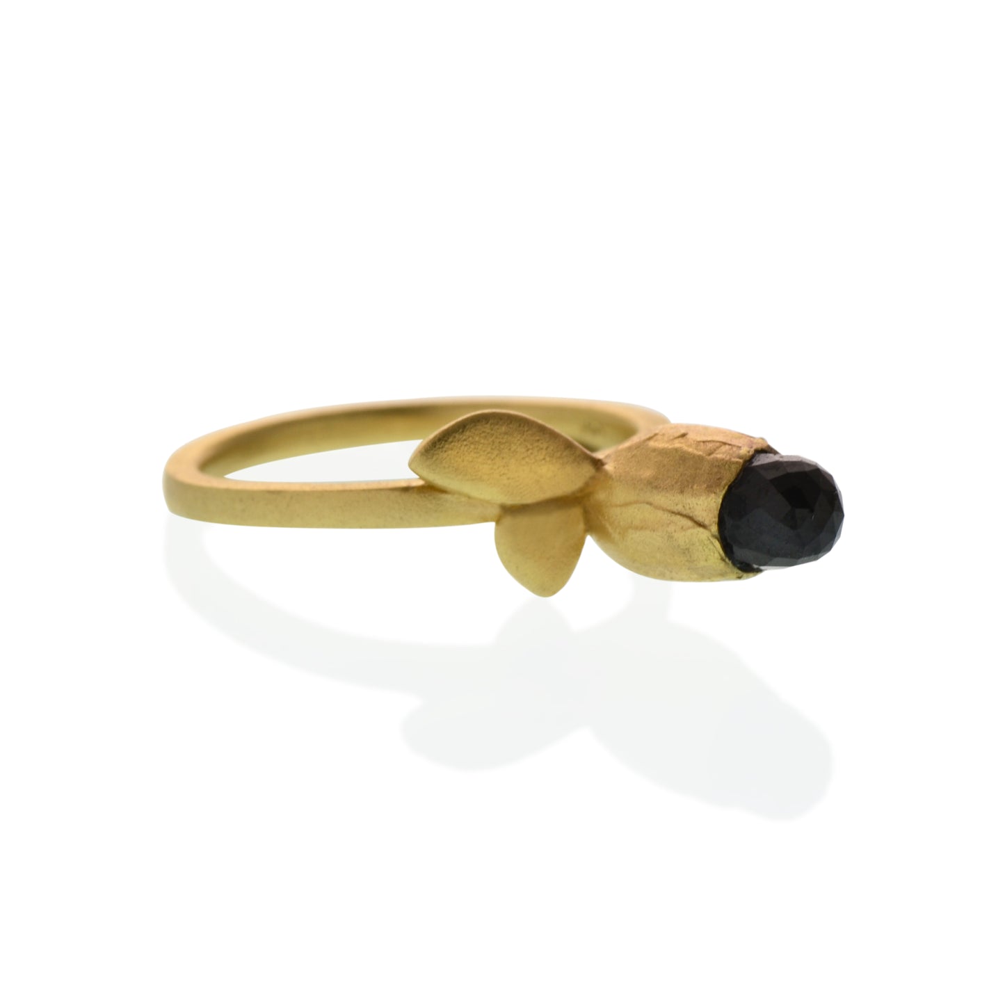  Flora Leaf Ring is made from  14kt yellow gold  and set with a Black Spinel gemstone.  Soft cashmere brushed finish.  Available to ship in a size 7.
