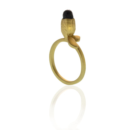 Flora Leaf Ring is made from  14kt yellow gold  and set with a Black Spinel gemstone.  Soft cashmere brushed finish.  Available to ship in a size 7. Side View