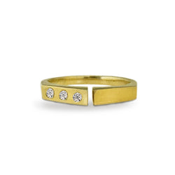 East Fourth Street Jewelry Diamond Divide Ring in 18kt Fairmined yellow gold and 3 round flush set diamonds. Low profile, comfortable fit.