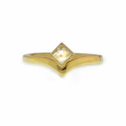 Lily Victory Engagement Ring, 32ct square 'Rose-Nouveau' diamond that was re-cut from a reclaimed antique diamond, similar to a rose-cut diamond

º Hand carved and cast in 18kt yellow Fairmined Gold

º Soft cashmere brushed finish

º Available in size 6.5.