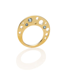 Circle Shaped Flat Ring º Unusually comfortable worn as a thumb ring or on your middle finger  º Hand-carved and cast in 14kt recycled gold.   º 3 flush set aquamarines  º Comfortable inside fit  º Cashmere finish.  º Available to ship in a size 7. 