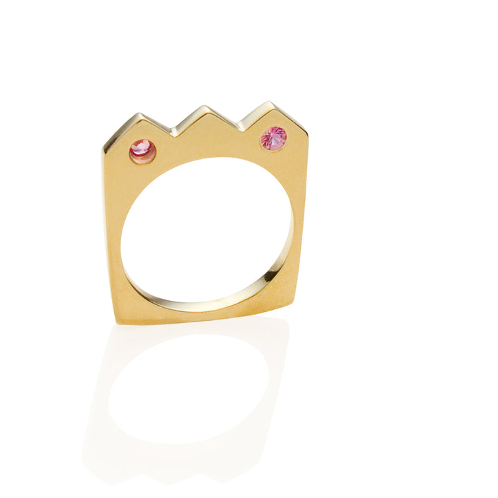 The Crown shaped Flat Ring: º Wear alone or stacked with your favorite stacking bands  º Hand-carved and cast in 14kt recycled gold.   º 2 flush set dark pink tourmalines  º Comfortable inside fit  º Cashmere finish.  º Available to ship in a size 7.