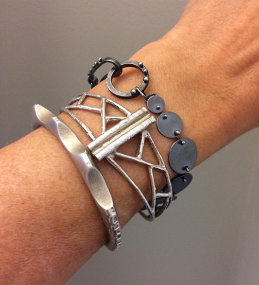 Ethical Bracelet designed by Susan Crow for East Fourth Street Jewelry. Hand-made from recycled sterling silver with dark patina.